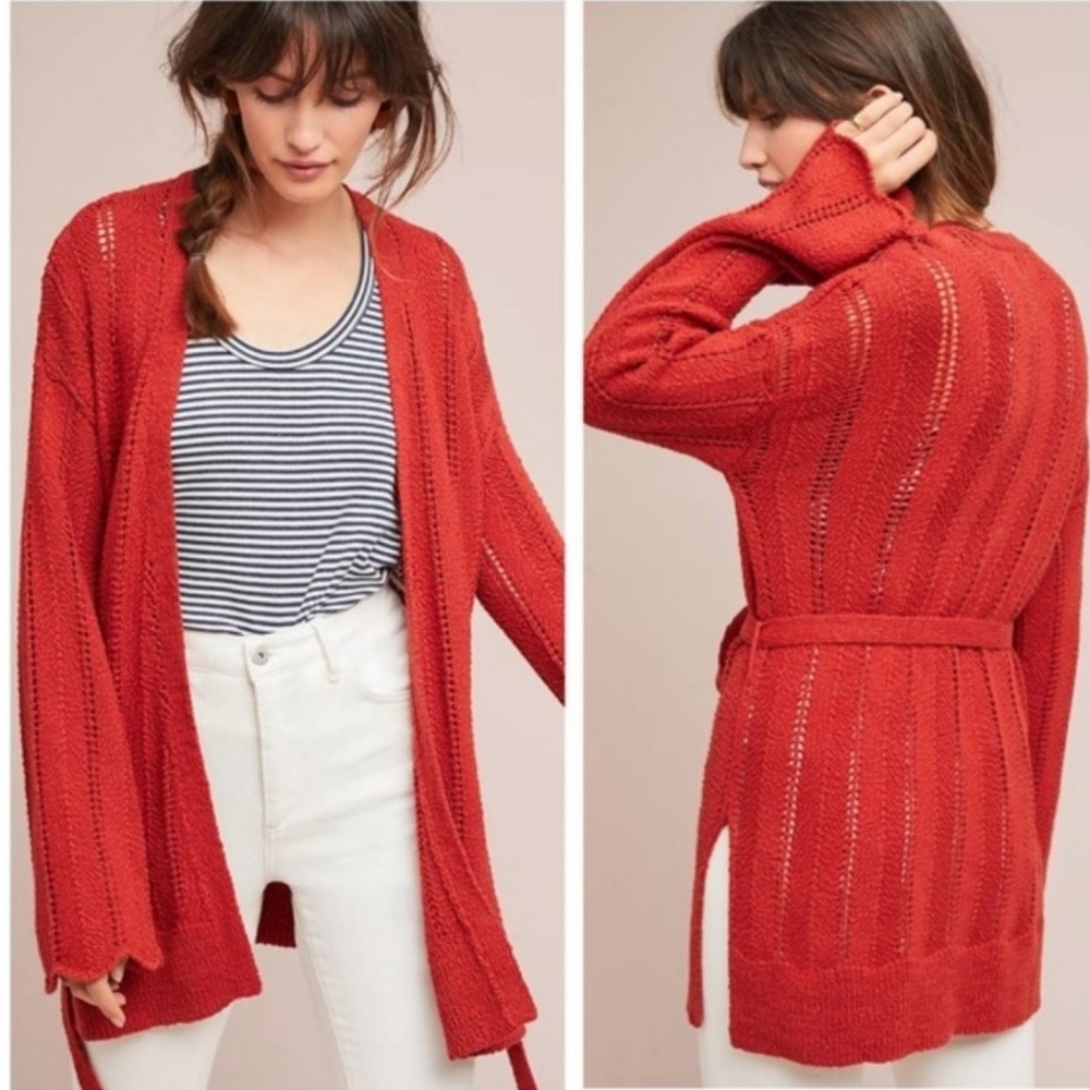 Meadow Rue Anthropologie Priscilla Orange Pointelle  Knit Tie Cardigan Sweater S